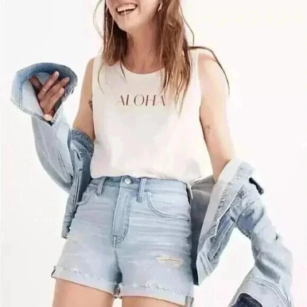Madewell High Rise Denim Shorts Distressed Hem Stretch Denim Light Wash size 25